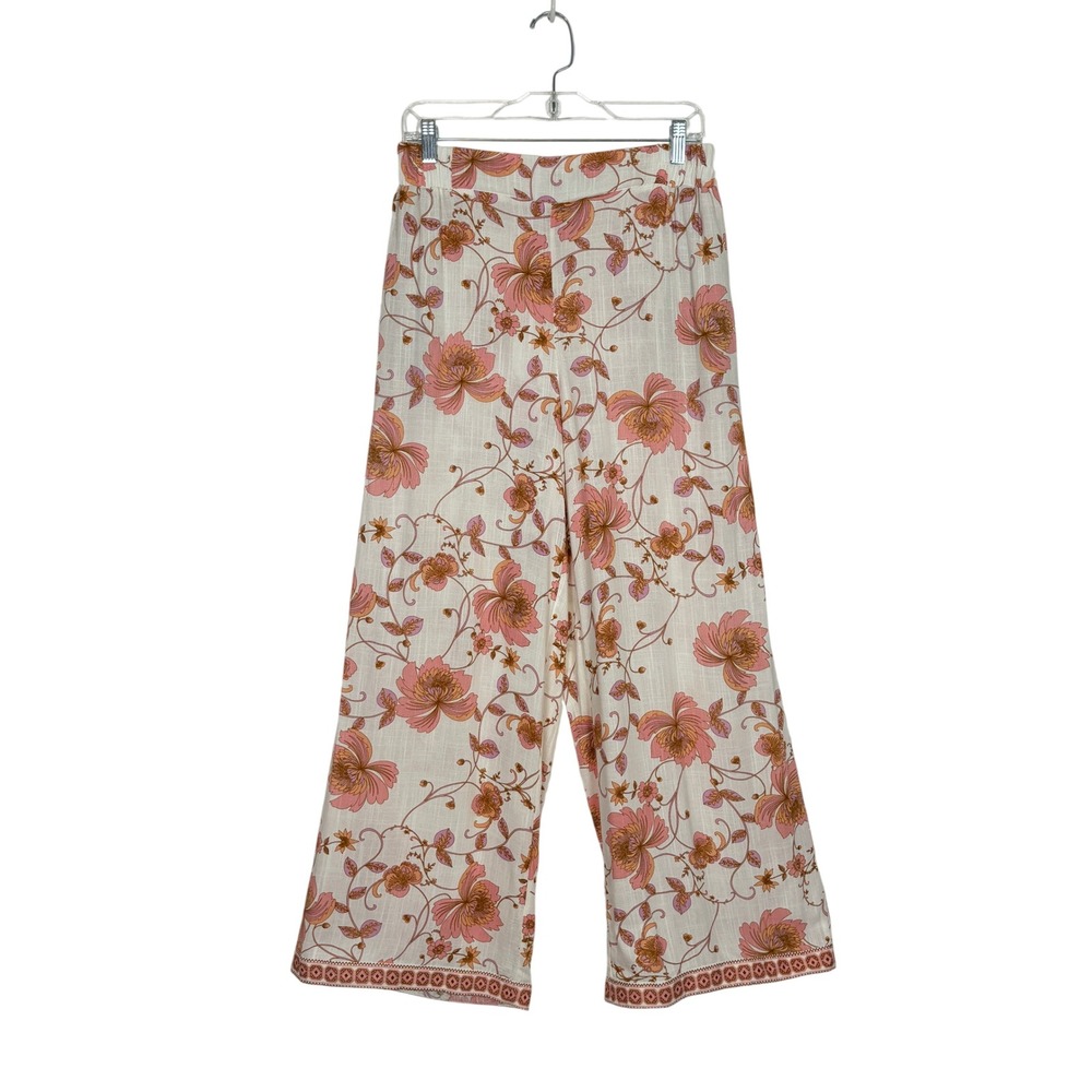 Rose + Olive Resort Floral Wide Leg Pants SMALL White Pink Boho Beachy Vacation